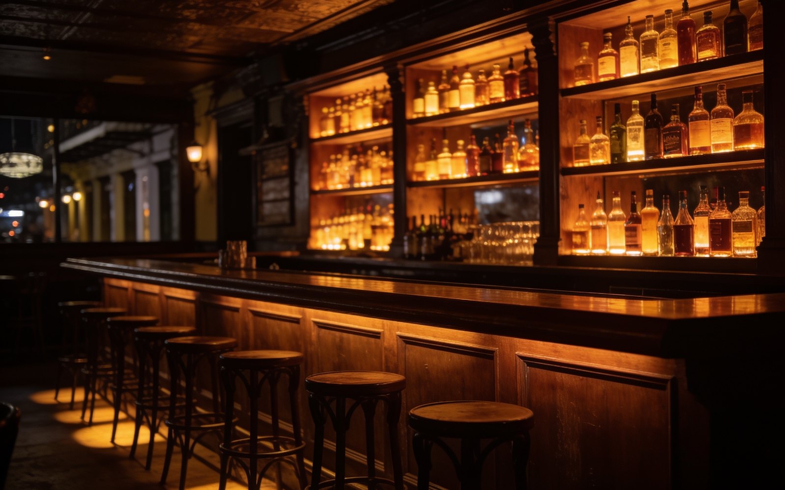 Backlit bottles glowing above an empty bar at night