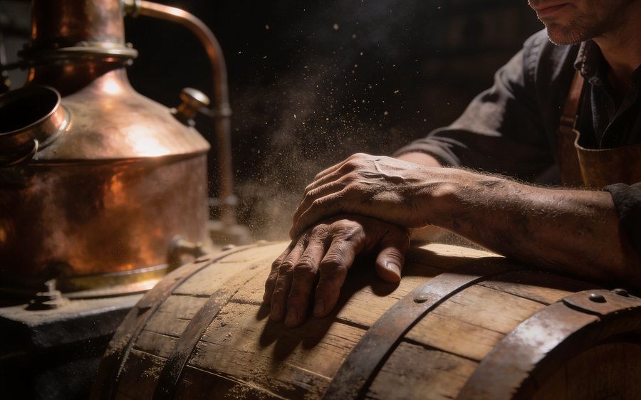 A distiller's hands resting on a barrel beside a copper still