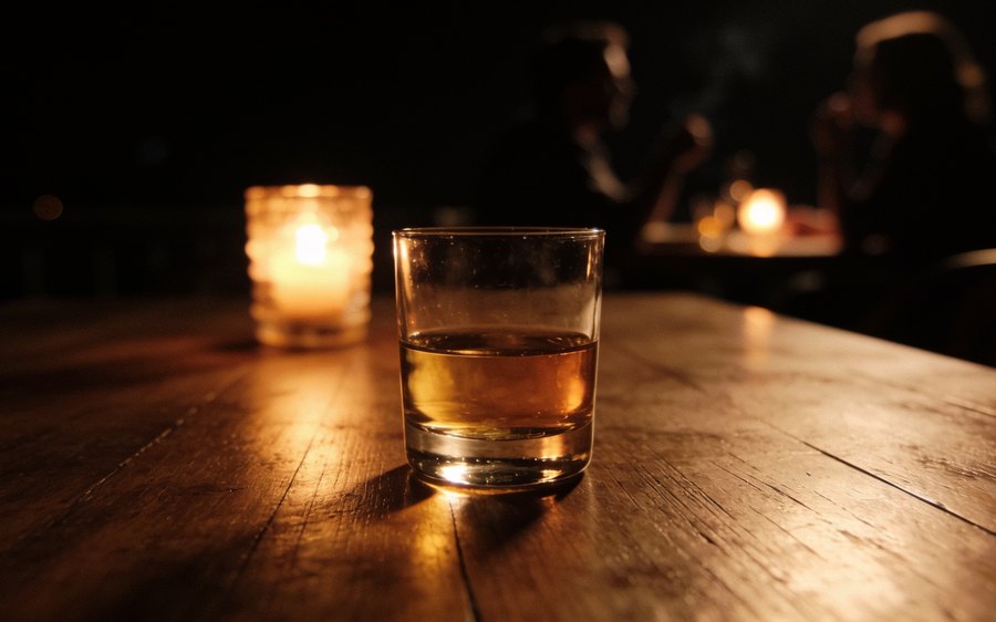 A glass of amber spirit on a table with conversation beyond it