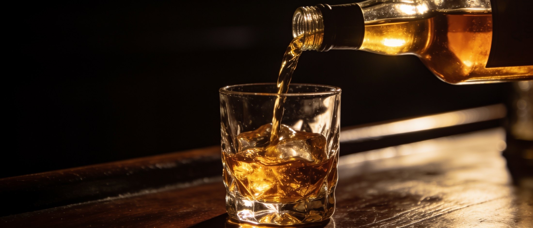 Amber spirit poured into a glass on a dark bar