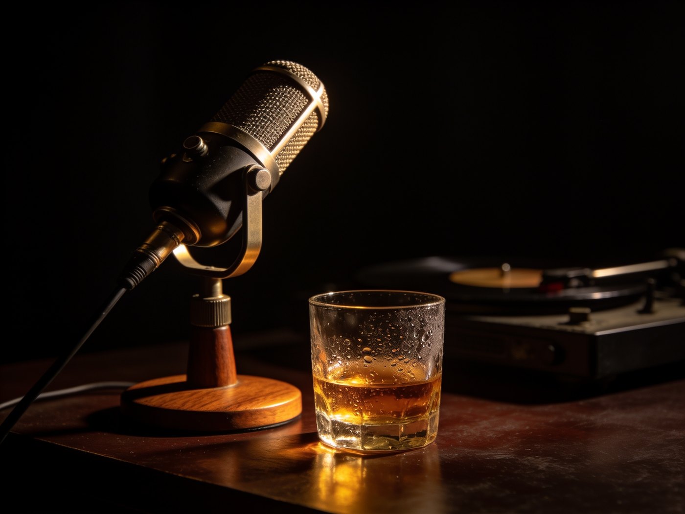 A broadcast microphone beside a glass on a dark table