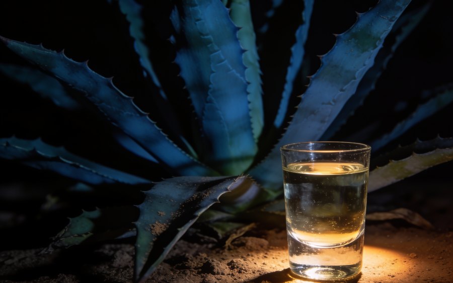 Agave leaves and a glass of clear agave spirit