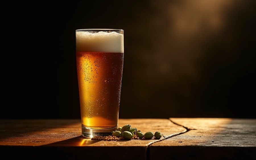 A tall glass of golden beer with a foam head on a worn wooden bar