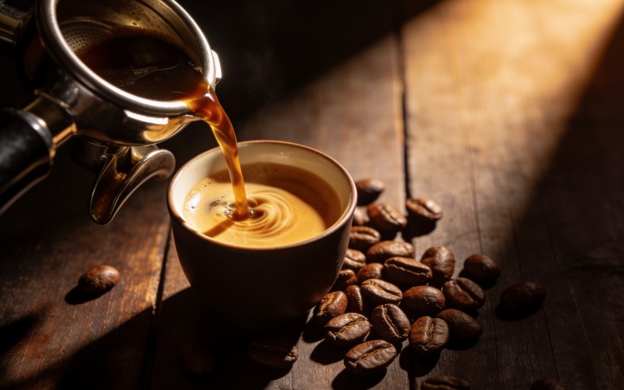 Espresso pouring into a cup beside roasted beans