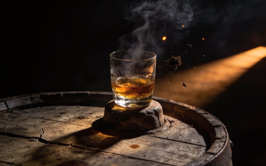 A glass of scotch on a cask head with drifting smoke