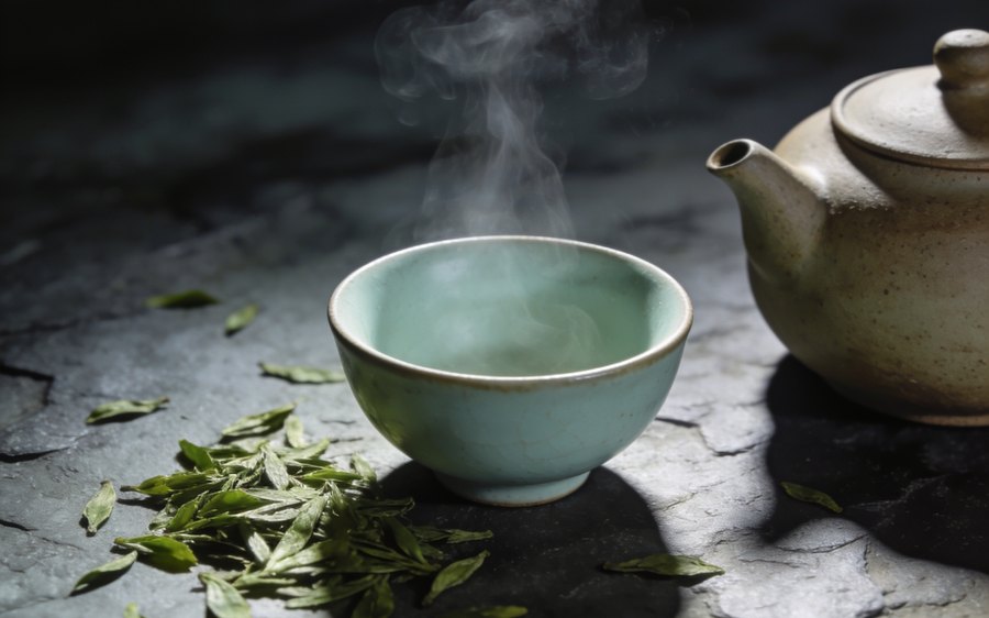 A ceramic tea bowl with steam rising