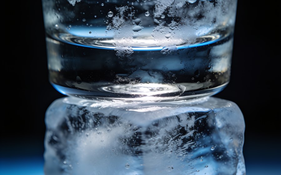 Chilled clear vodka over a large ice cube