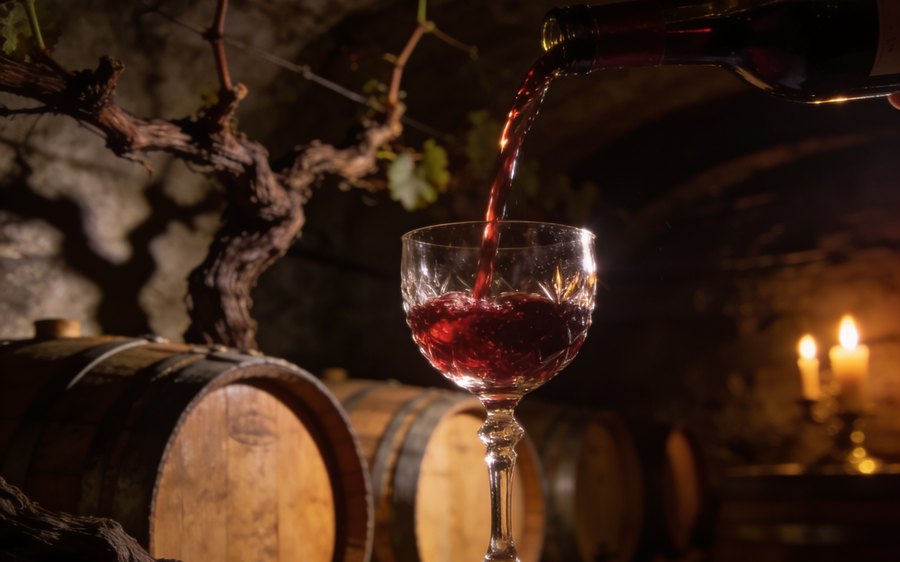 Red wine poured into a glass in a cellar