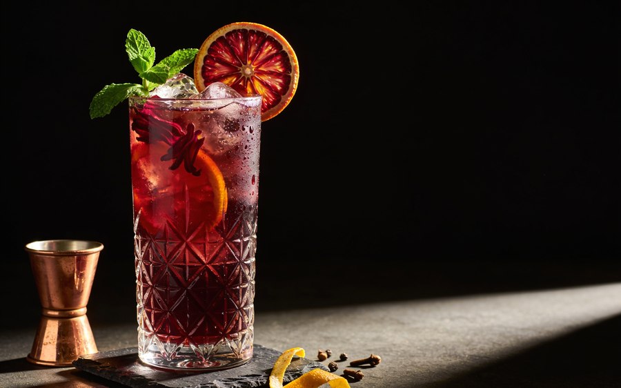 A hibiscus and citrus cordial over ice with mint and a blood-orange wheel