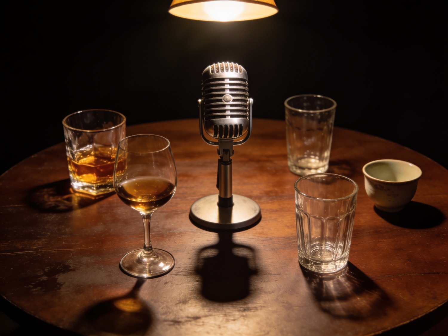 A microphone and four glasses on a round table